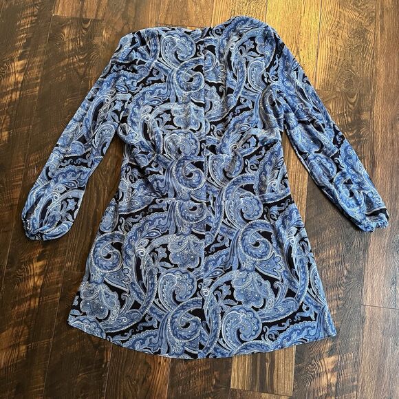 Ralph Lauren Dress Womens 16 Paisley Georgette Tiered Tie Front Blue Zip Back - Picture 7 of 11